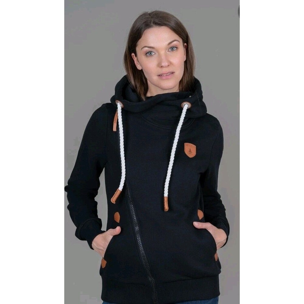 Wanakome Athena Cowl Neck Sweatshirt Size XL Black Asymmetrical Zip Up